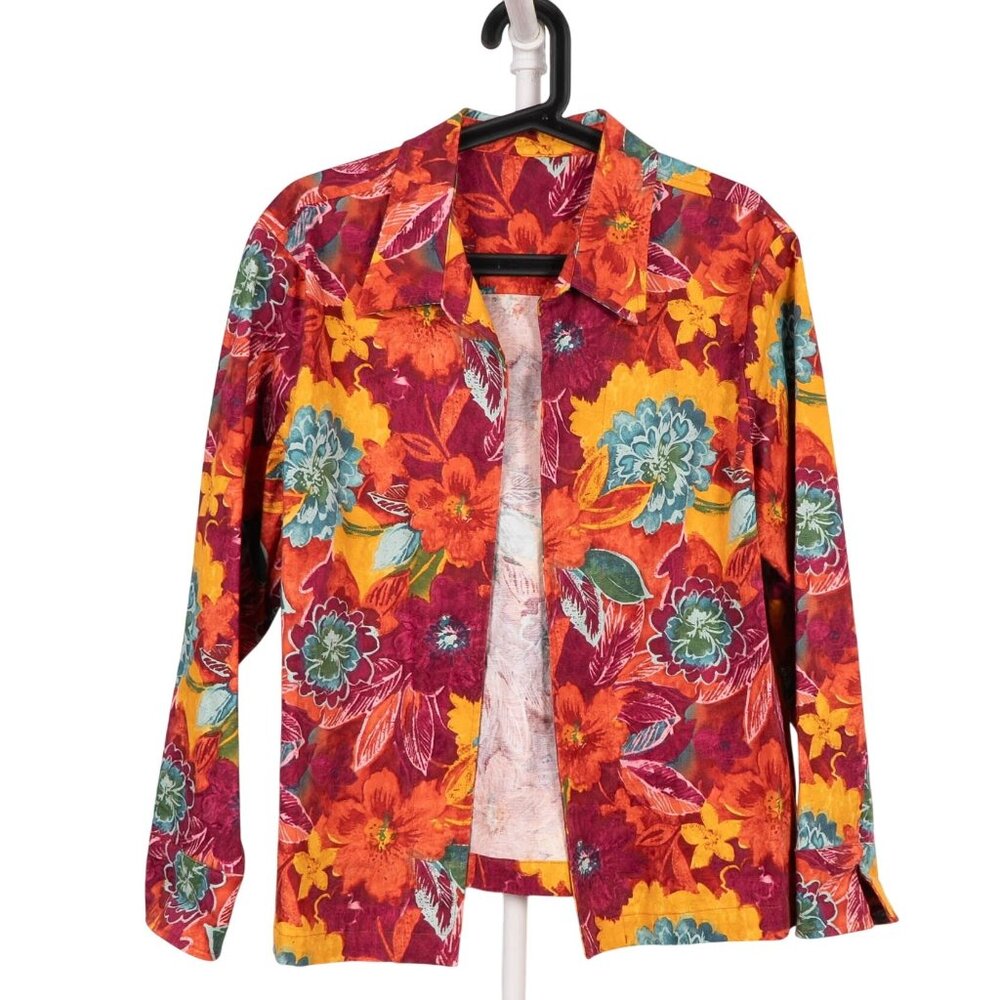 Tropical Floral Jacket L Vibrant Red Yellow Pink Art To Wear Fairy Boho Hippie